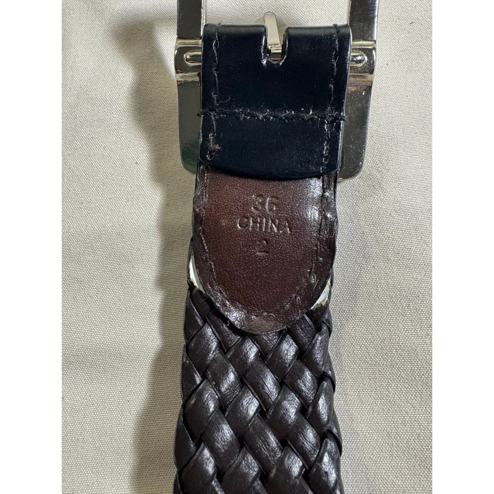 Mens Braided Leather Belt Size 36 Dark Brown Woven Silver Buckle Casual Classic